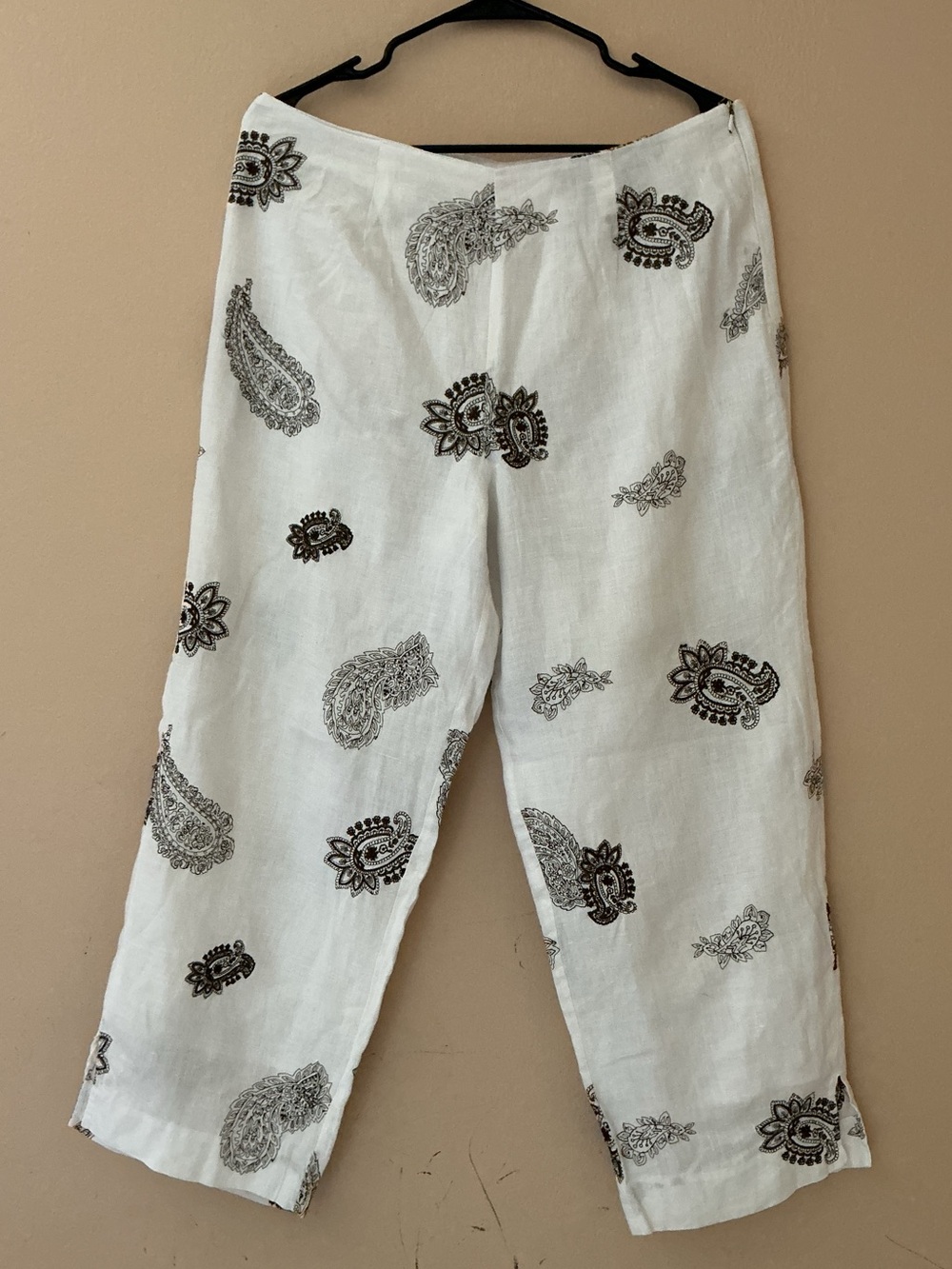 Sunny Leigh White 100%Linen Pants with Embroidered Brown Paisley Print